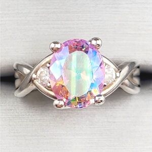 Oval Mercury Mystic Topaz & Diamond Simulants 925 Sterling Silver Ring